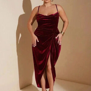 Burgundy Party Women's Plus Size Slit Maxi Velvet Spaghetti Strap Dress